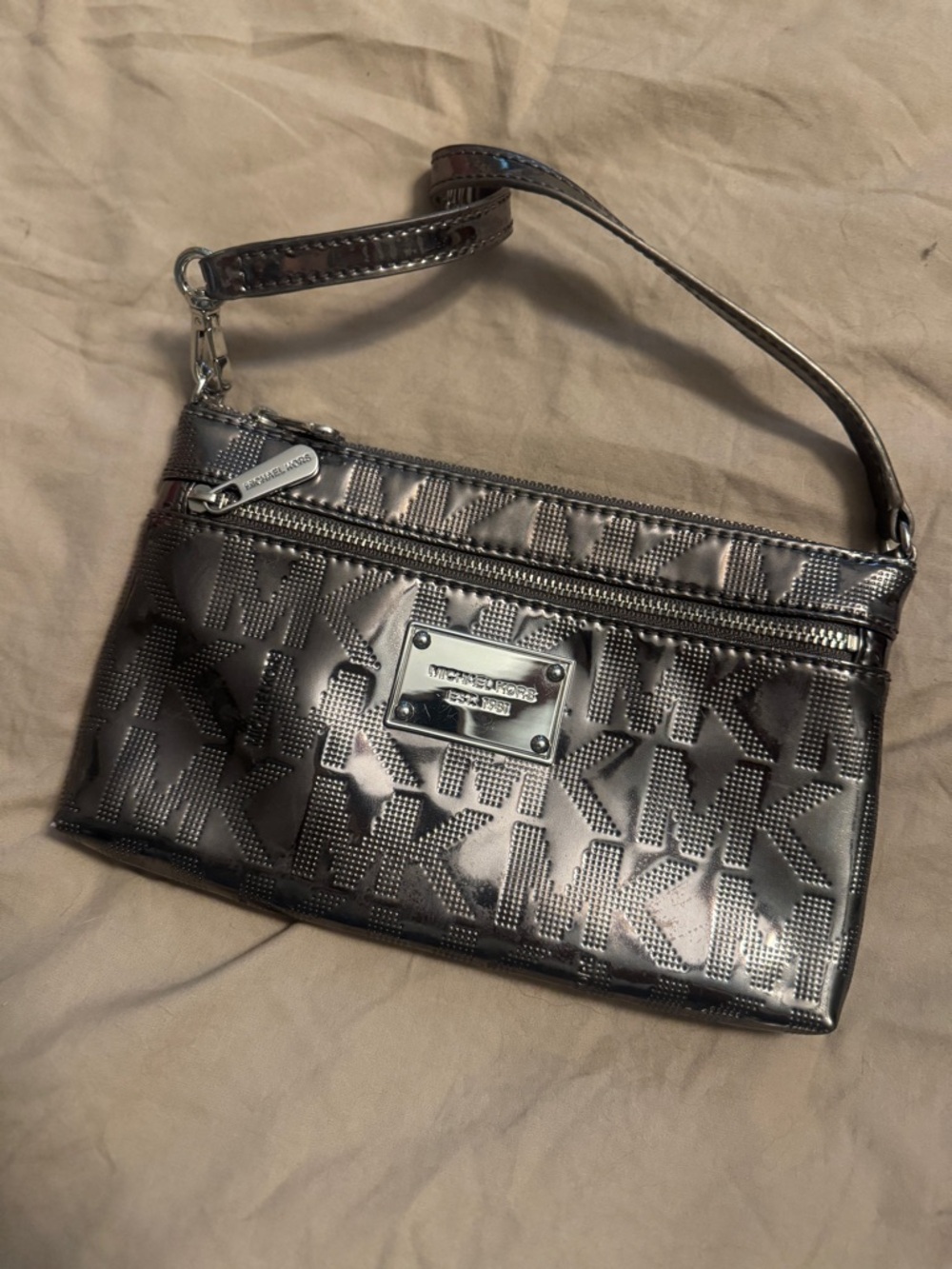 Michael Kors Metallic Gunmetal MK Logo Wristlet